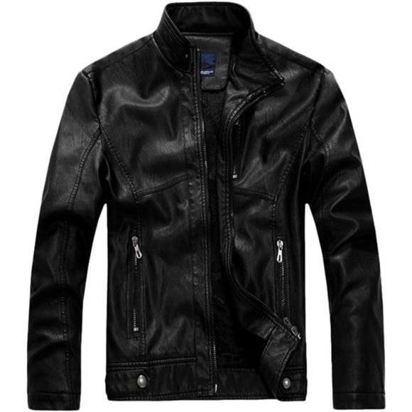 Men's Vintage Stand Collar Pu Leather Jacket Rzqm888-black